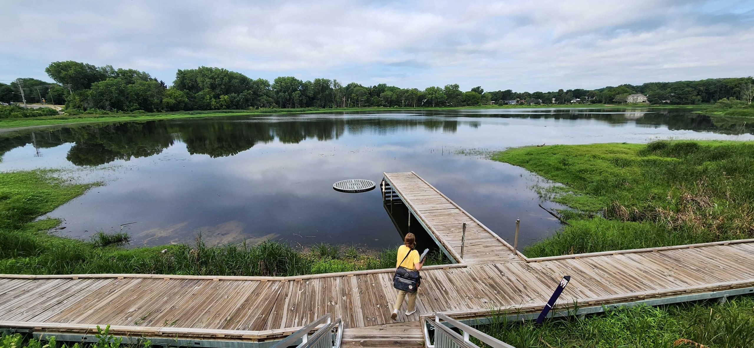 A person stands on a boardwalk looking out at a pond scene.