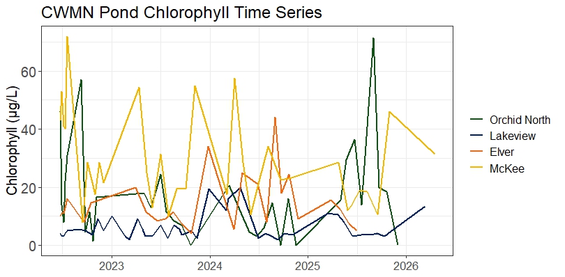 A plot showing chlorophyll values in four Community Water Monitoring Network ponds from 2022-2026.
